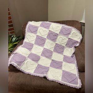 BABY BLANKET - hand crocheted, lilac and white bobble hearts, 36”l x 36”w NEW